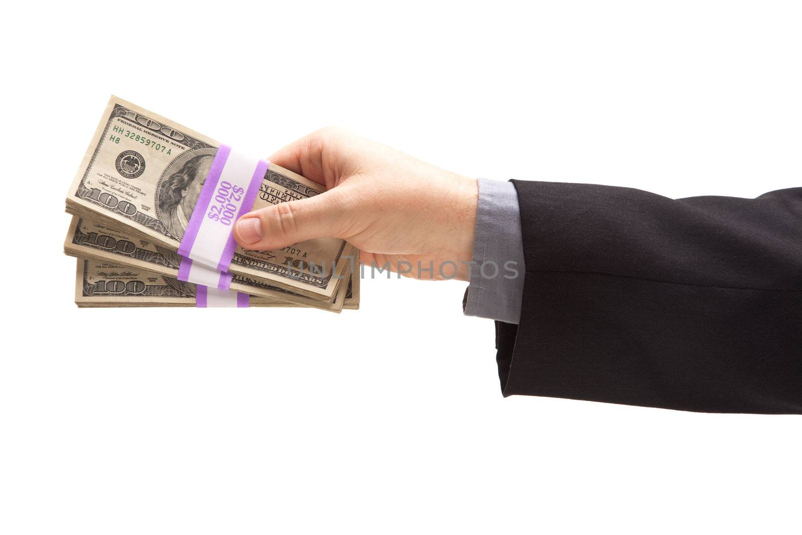 Man Handing Over Hundreds of Dollars Isolated on a White Background.