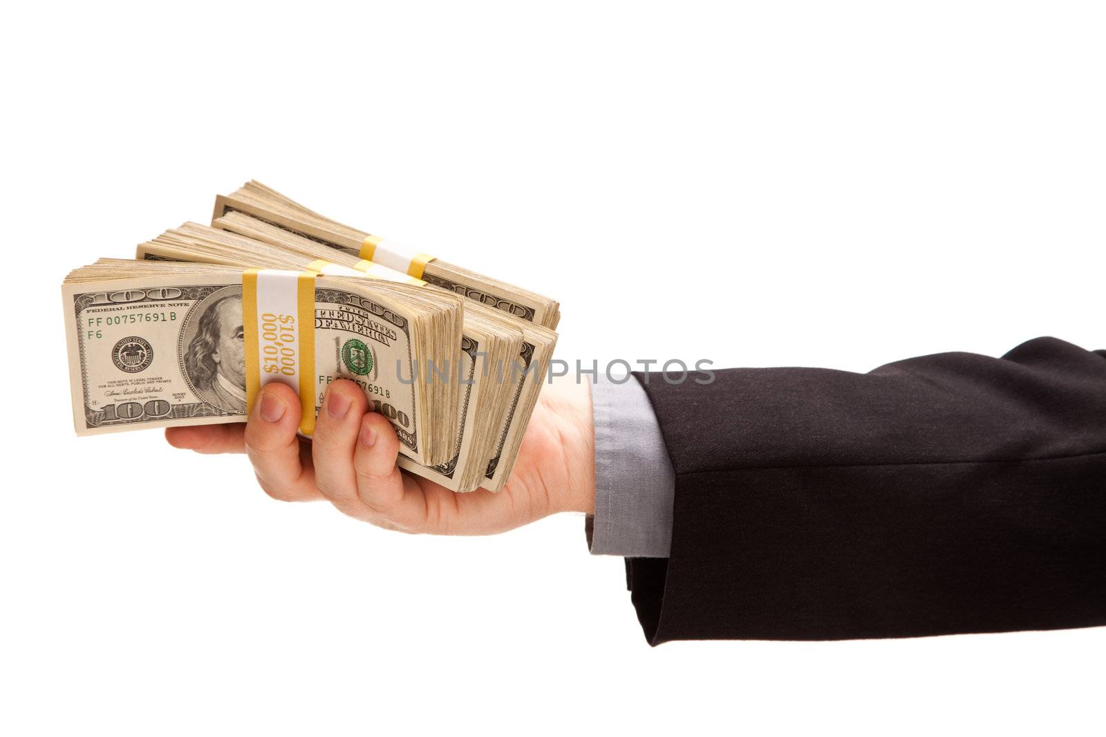 Man Handing Over Hundreds of Dollars Isolated on a White Background.