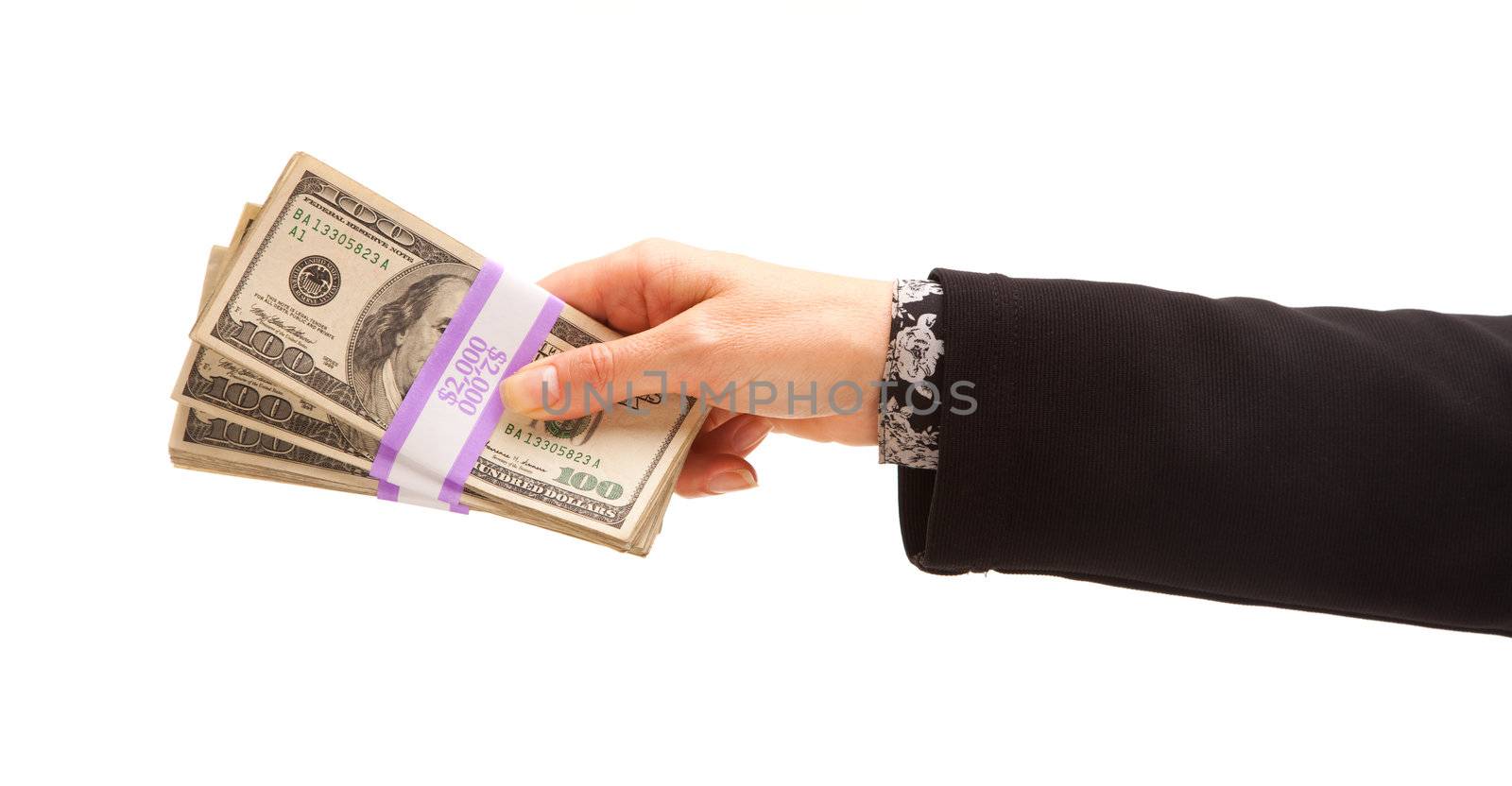 Woman Handing Over Hundreds of Dollars Isolated on a White Background.