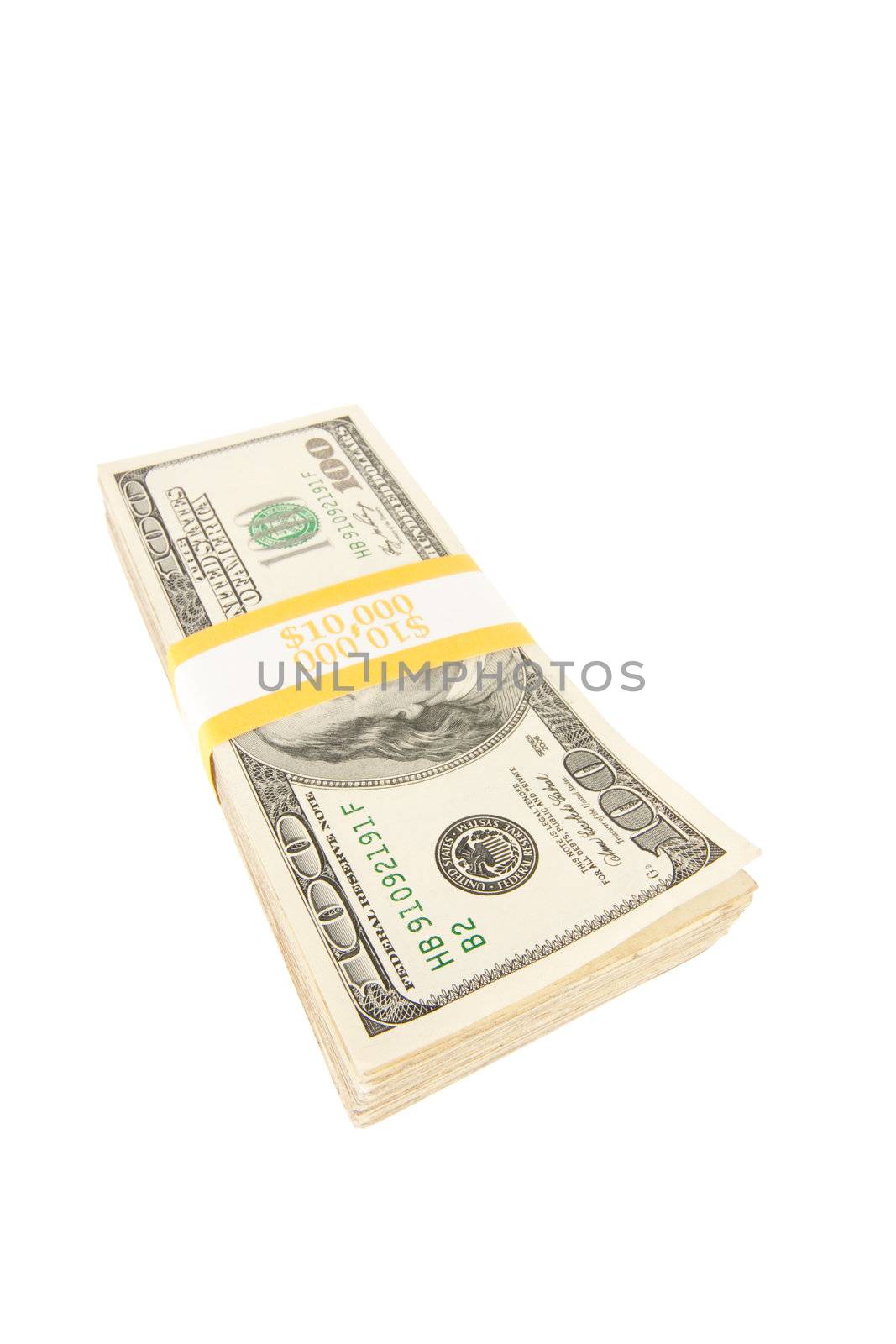 Stack of Ten Thousand Dollar Pile of One Hundred Dollar Bills Isolated on a White Background.