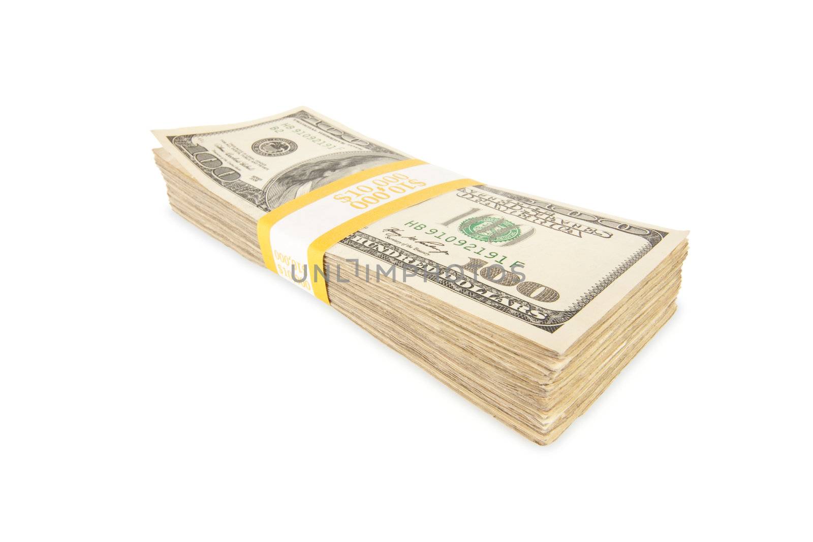 Stack of Ten Thousand Dollar Pile of One Hundred Dollar Bills Isolated on a White Background.