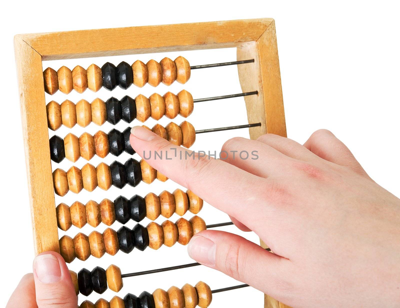 Wooden abacus in hands on a white background