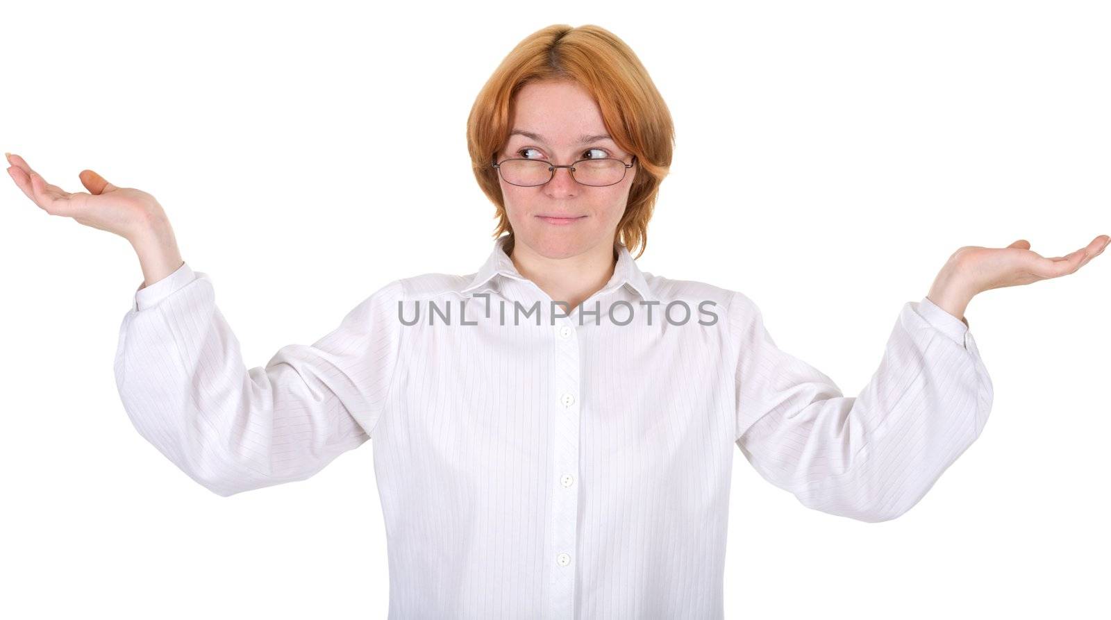The woman in a white suit on a white background