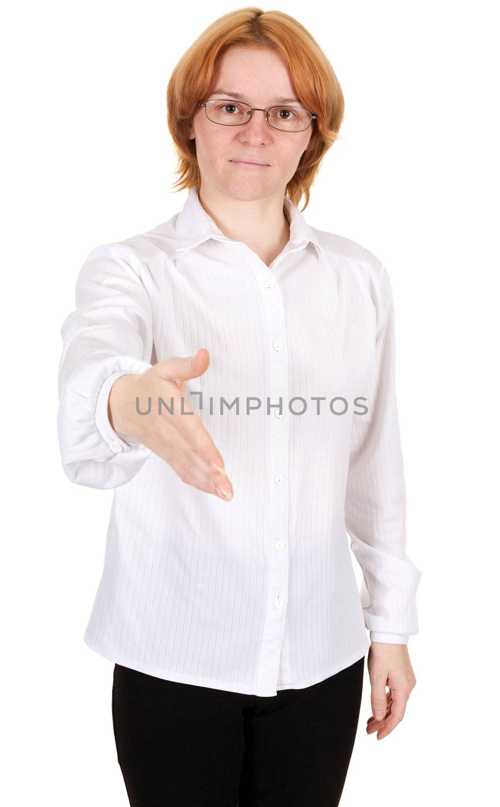 The girl in spectacles on white background (handshake)