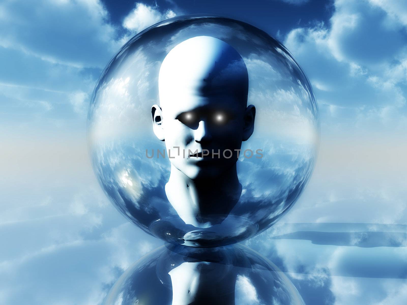 A abstract image of a head in a bubble.