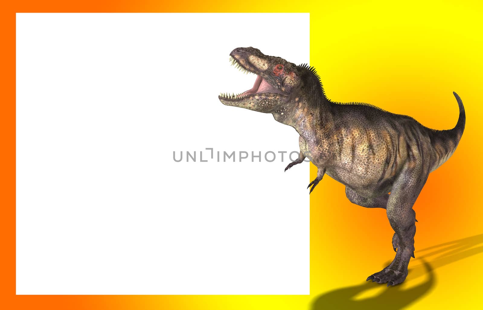 A Tyrannosaurus Rex in a menacing pose, with a blank customisable space.