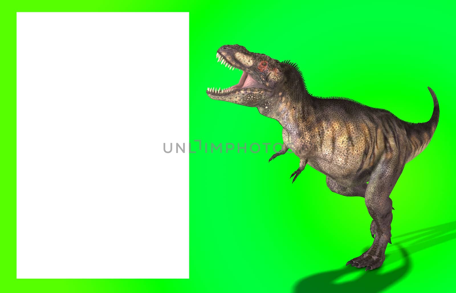 A Tyrannosaurus Rex in a menacing pose, with a blank customisable space.