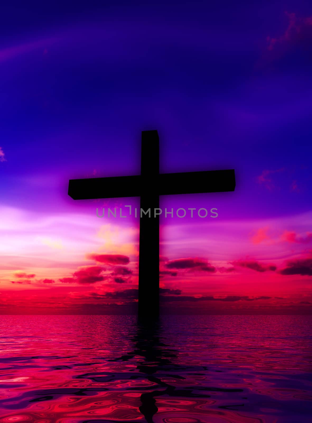 The cross of Jesus in a tranquil ocean seascape.

