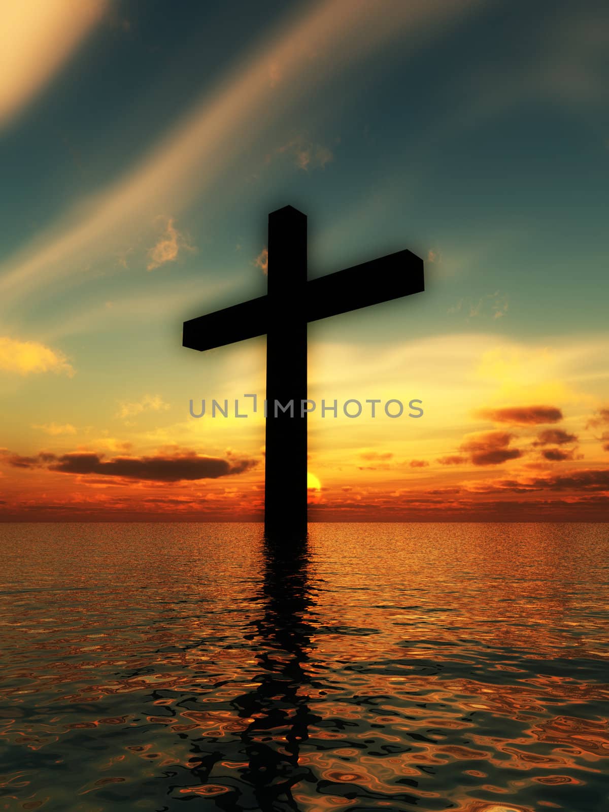 The cross of Jesus in a tranquil ocean seascape.

