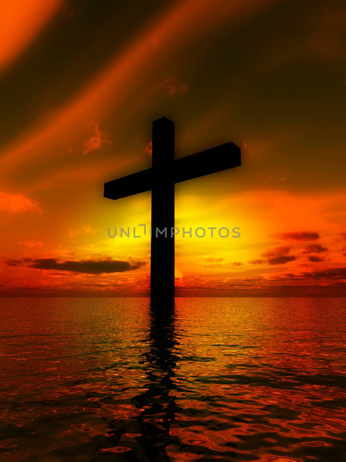 The cross of Jesus in a tranquil ocean seascape.

