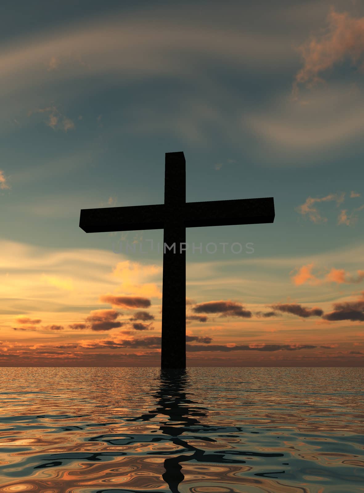 The cross of Jesus in a tranquil ocean seascape.

