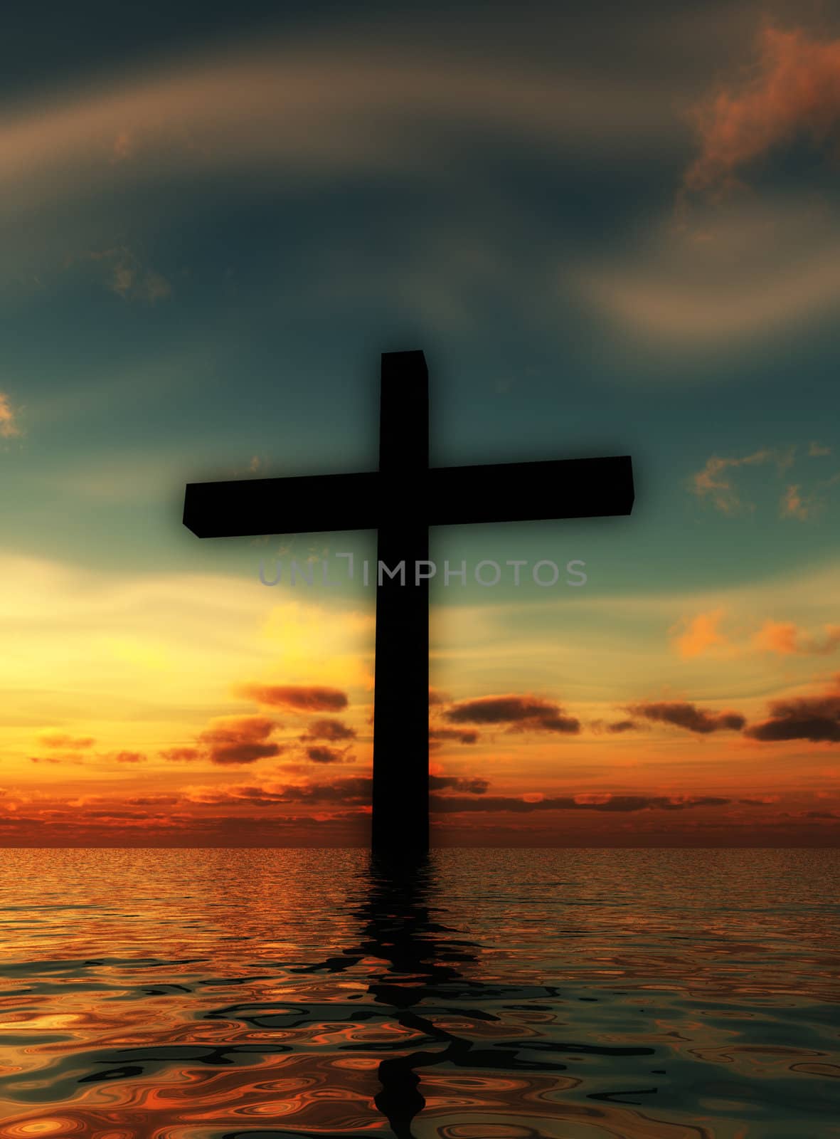 The cross of Jesus in a tranquil ocean seascape.

