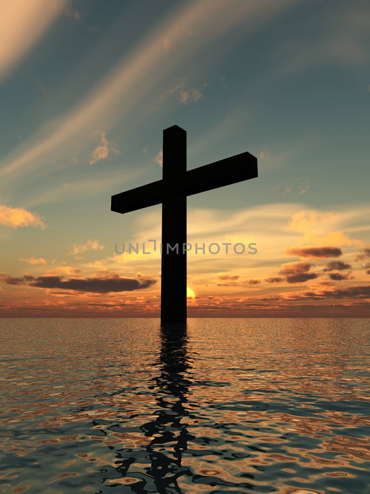The cross of Jesus in a tranquil ocean seascape.

