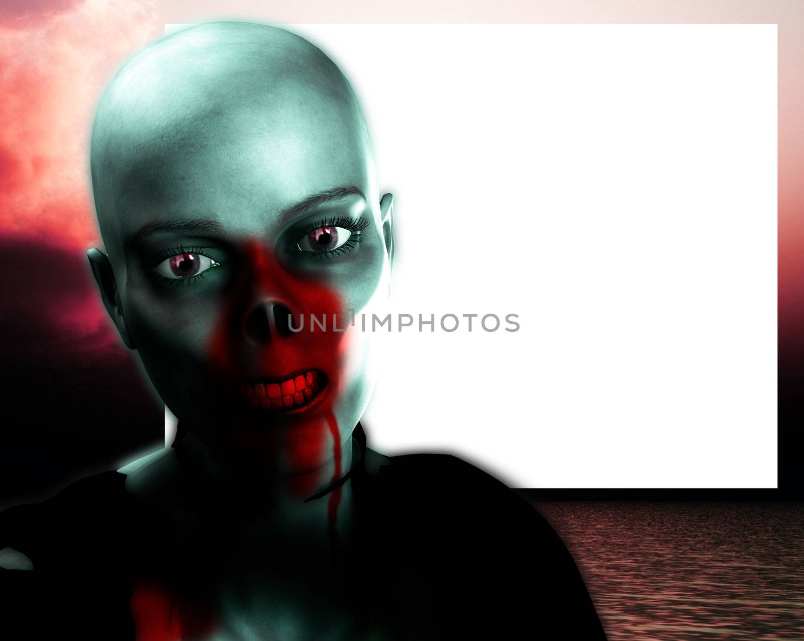 A Zombie with a blank customisable sign. For Halloween concepts.