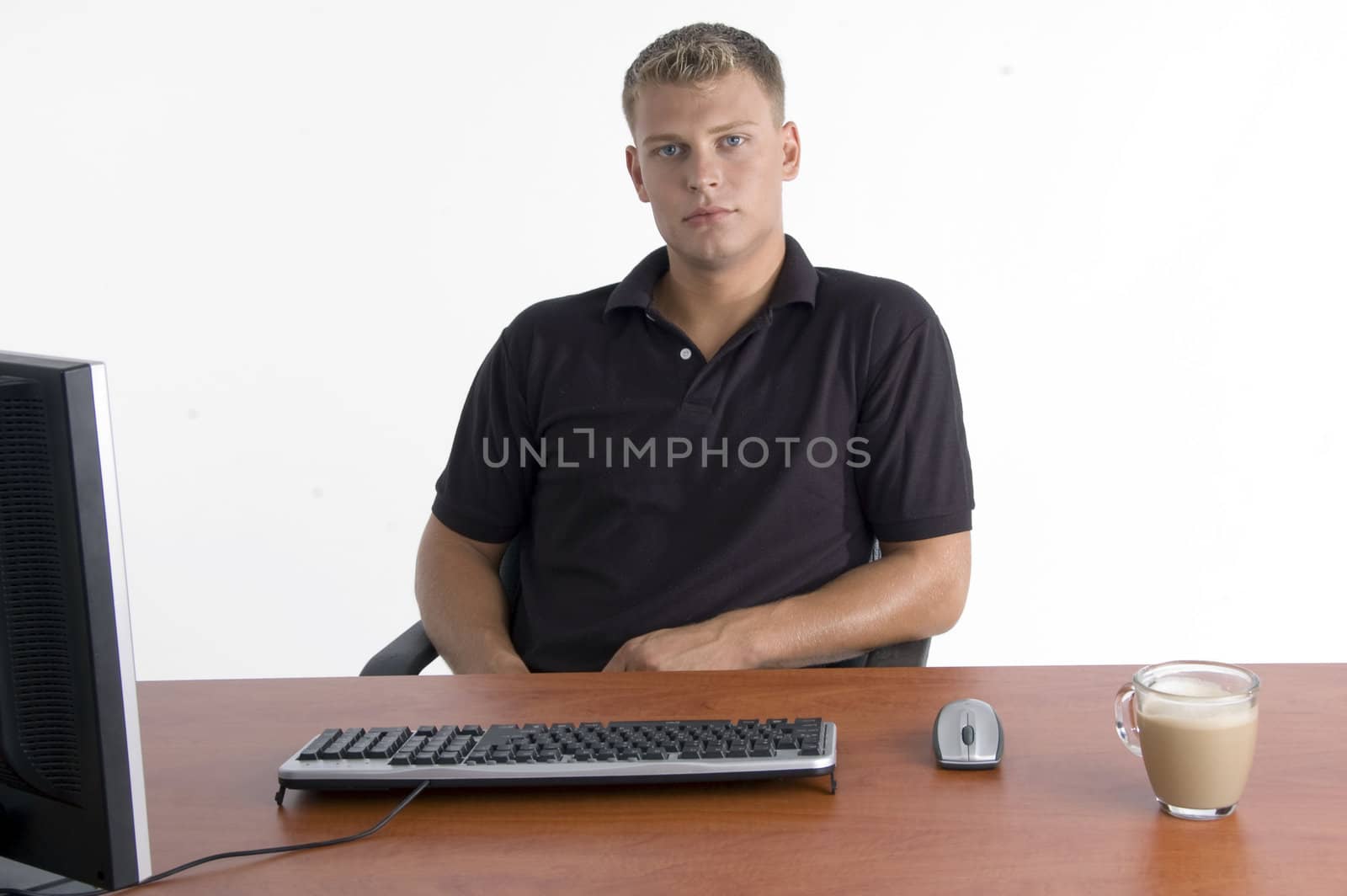 man with laptop and tea against white background