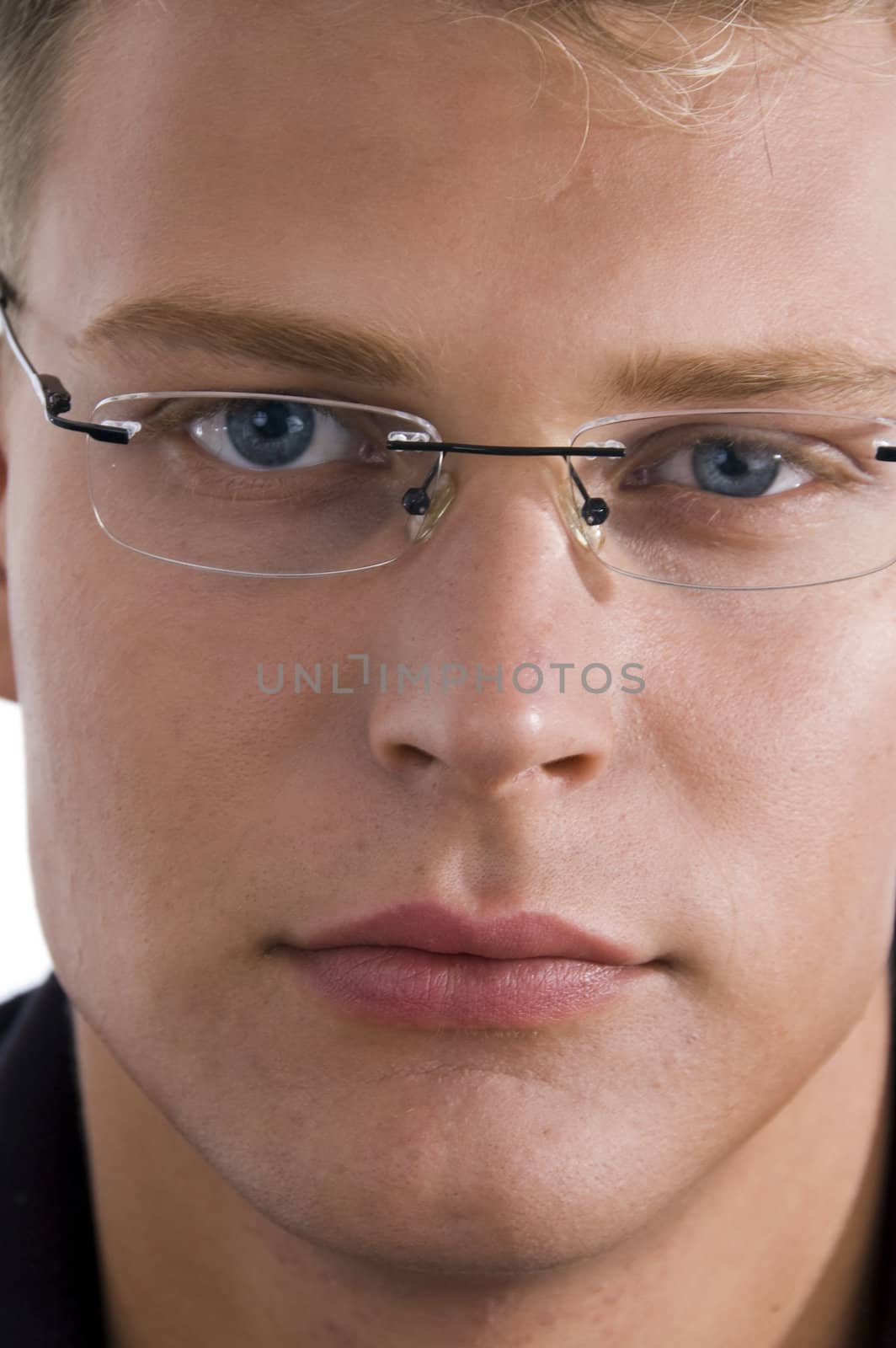 close up of male face with white background