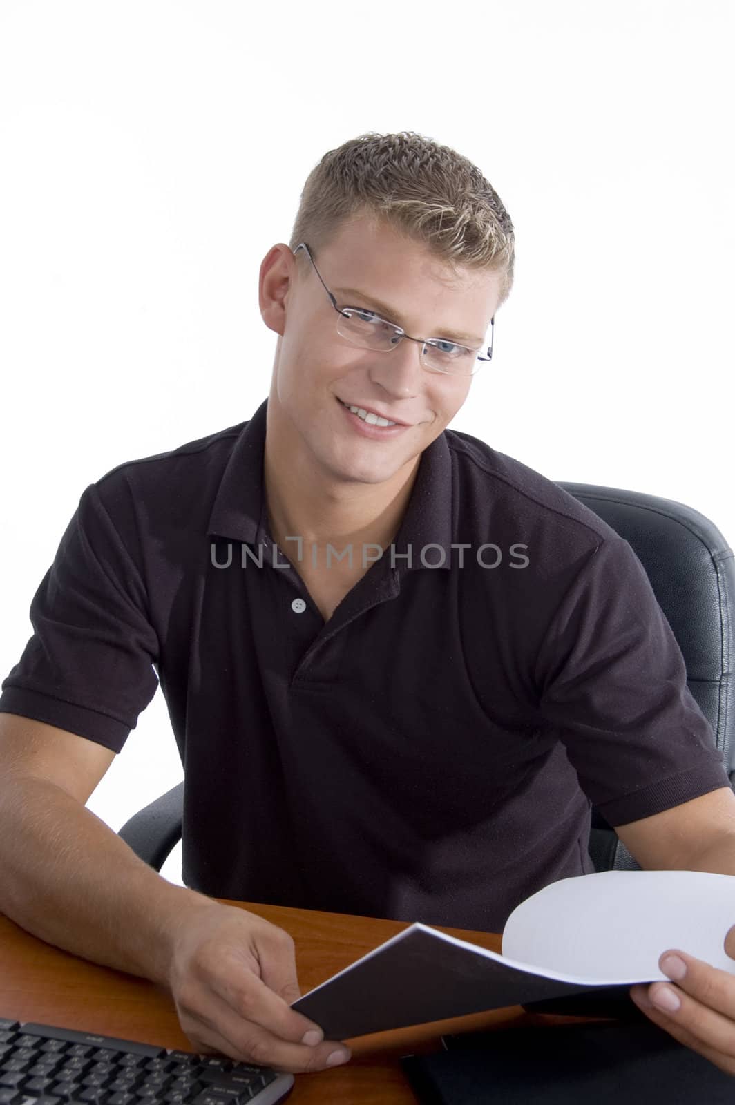 happy man holding notebook against white background