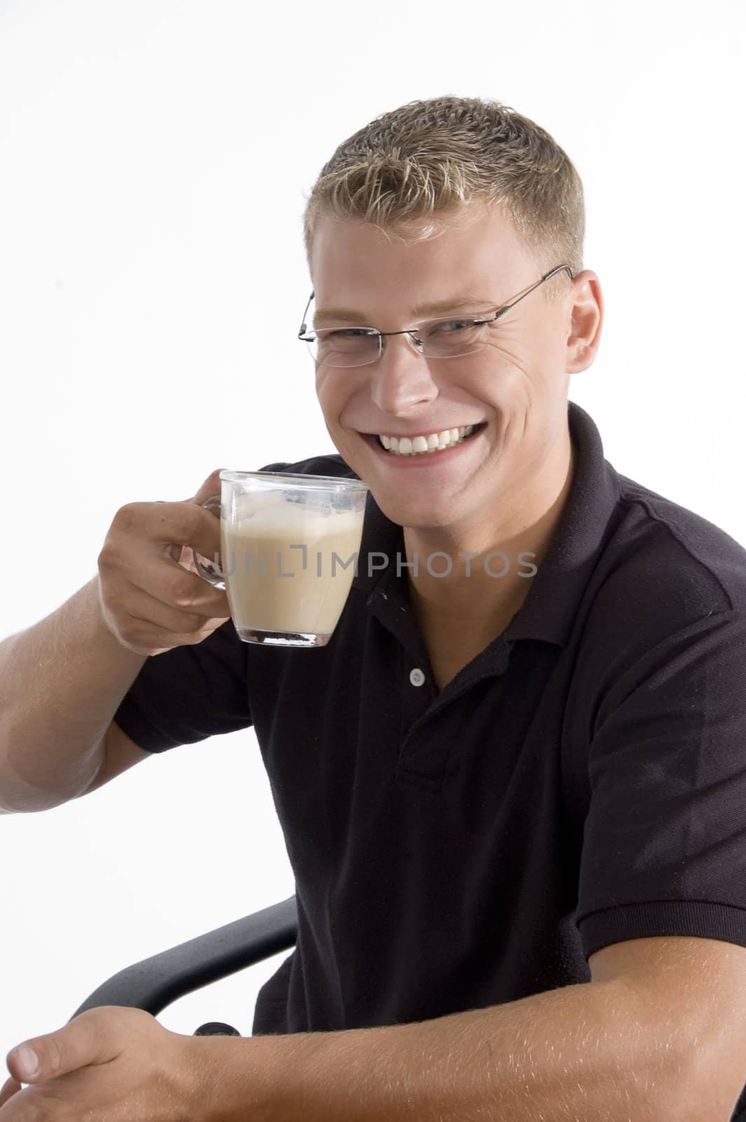 pleased man taking tea on an isolated white background
