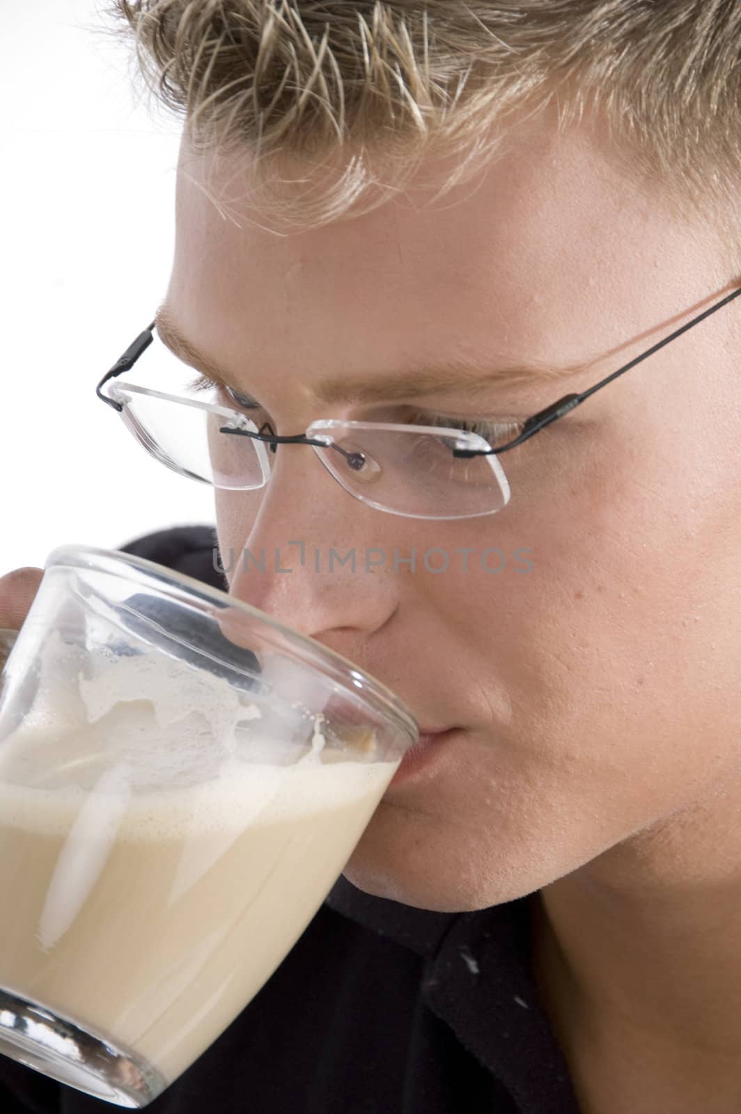 caucasian man drinking tea with white background