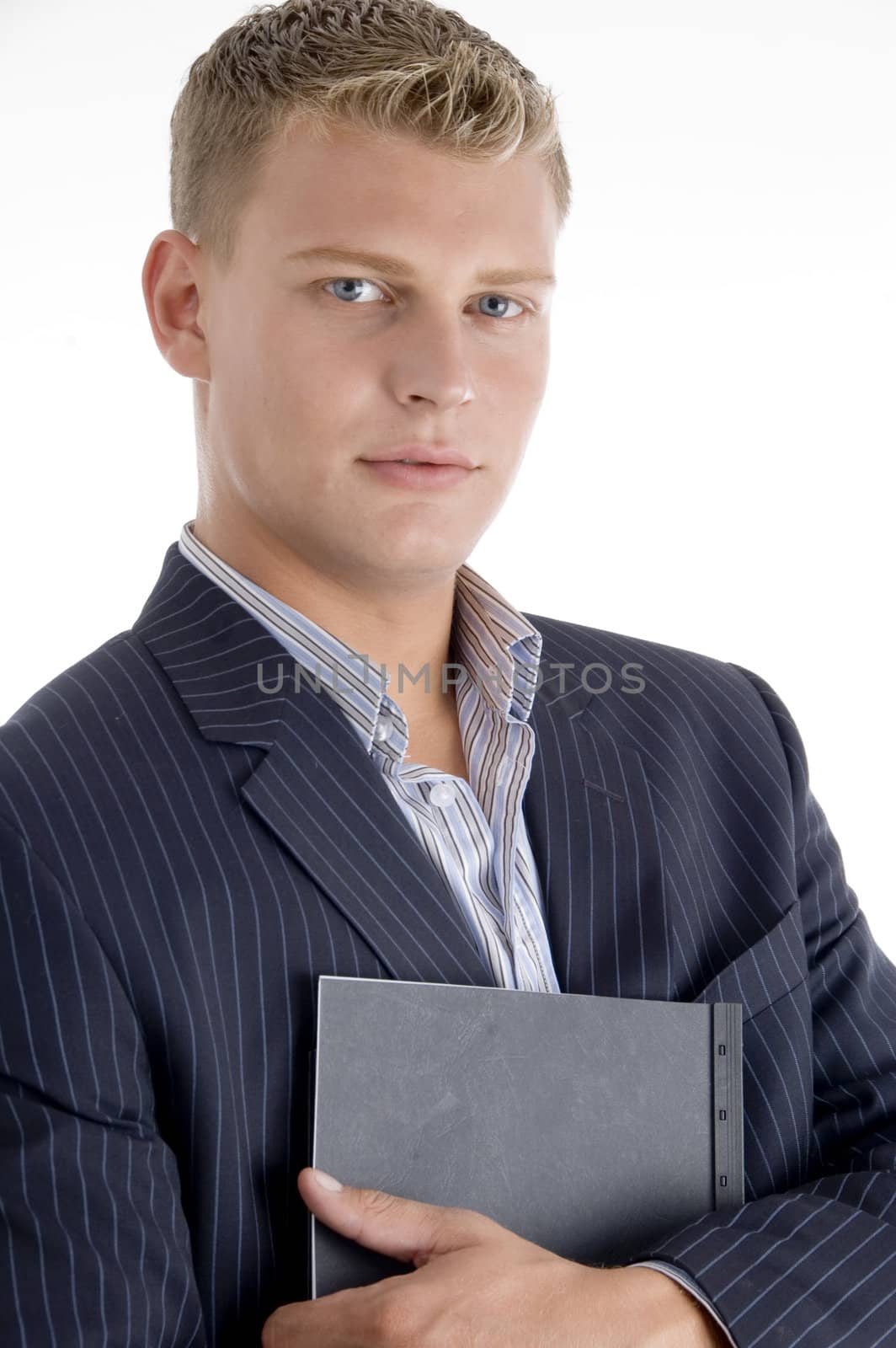 businessman holding folder against white background