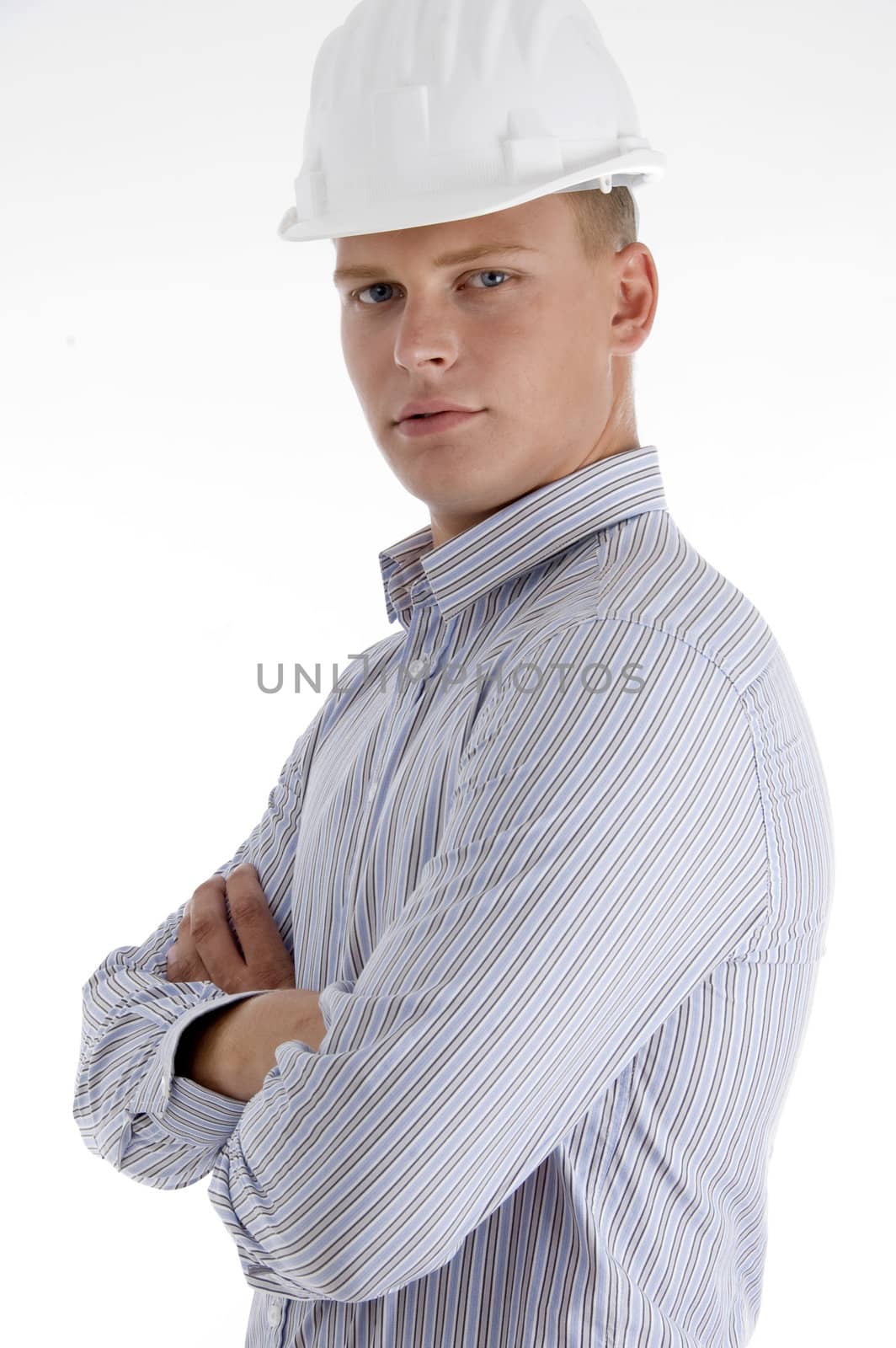 side view of young architect with white background
