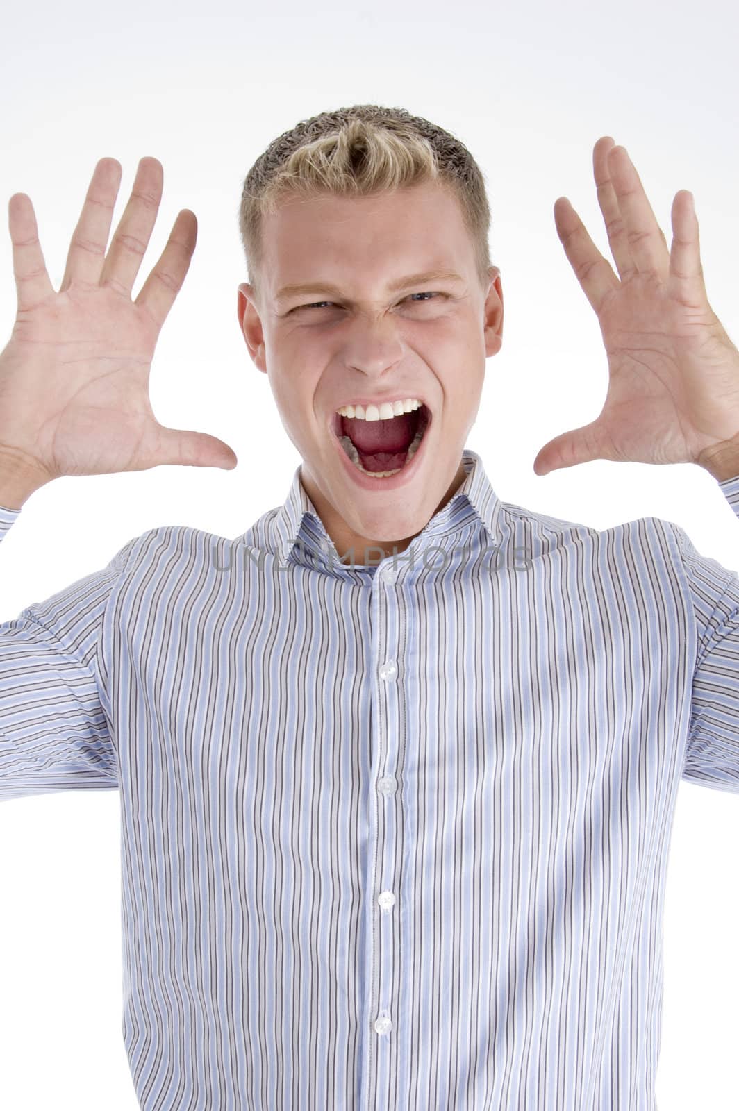 young male shouting on an isolated white background