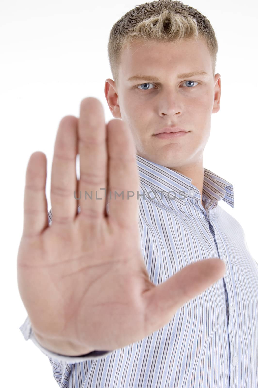 man instructing to stop with white background