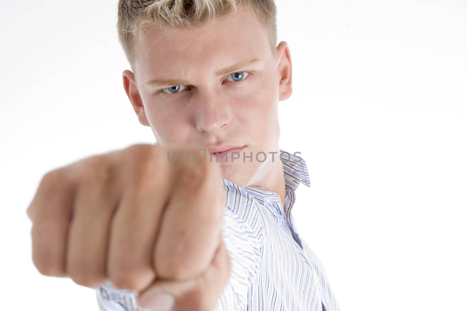 male showing his fist on an isolated white background