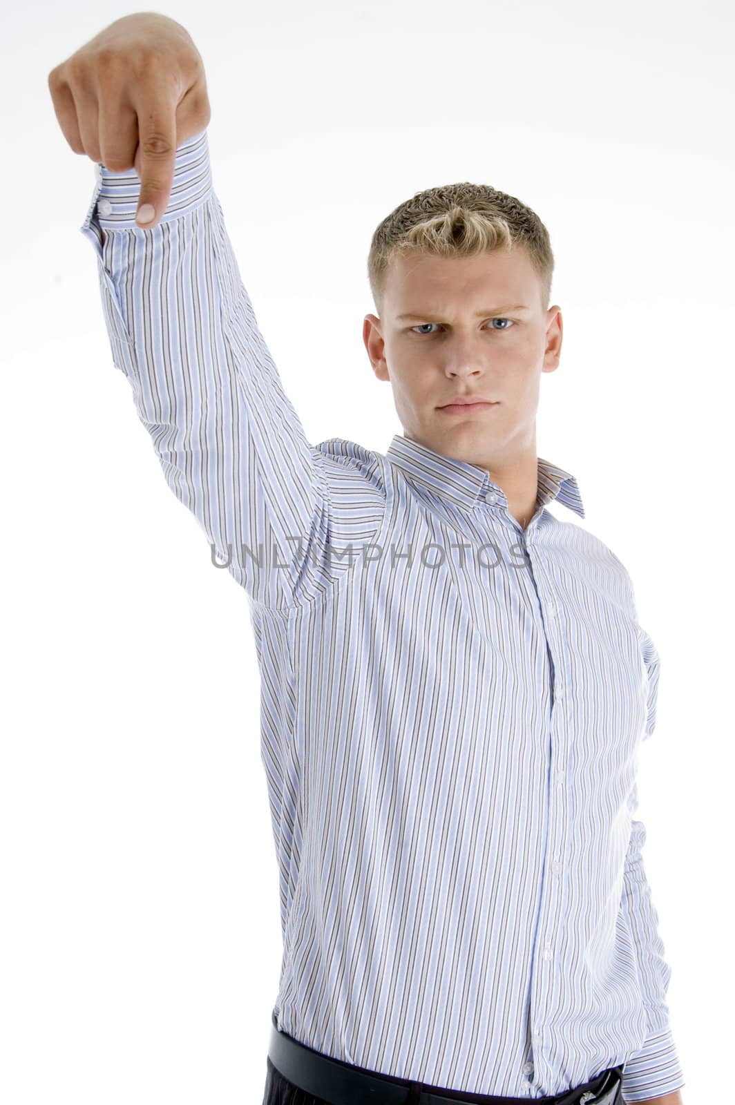american man pointing downward with white background