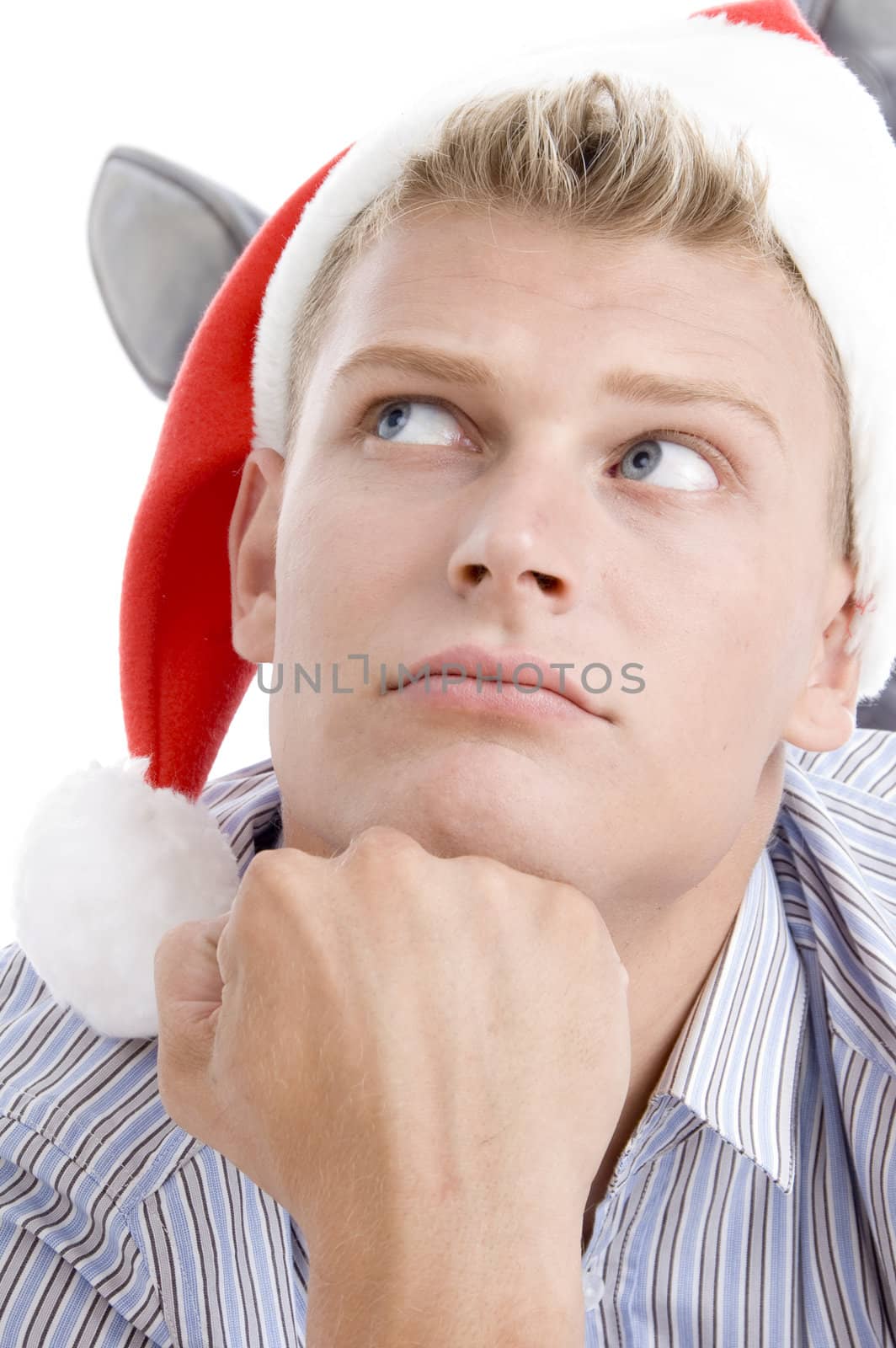 close up of man looking upward on an isolated background