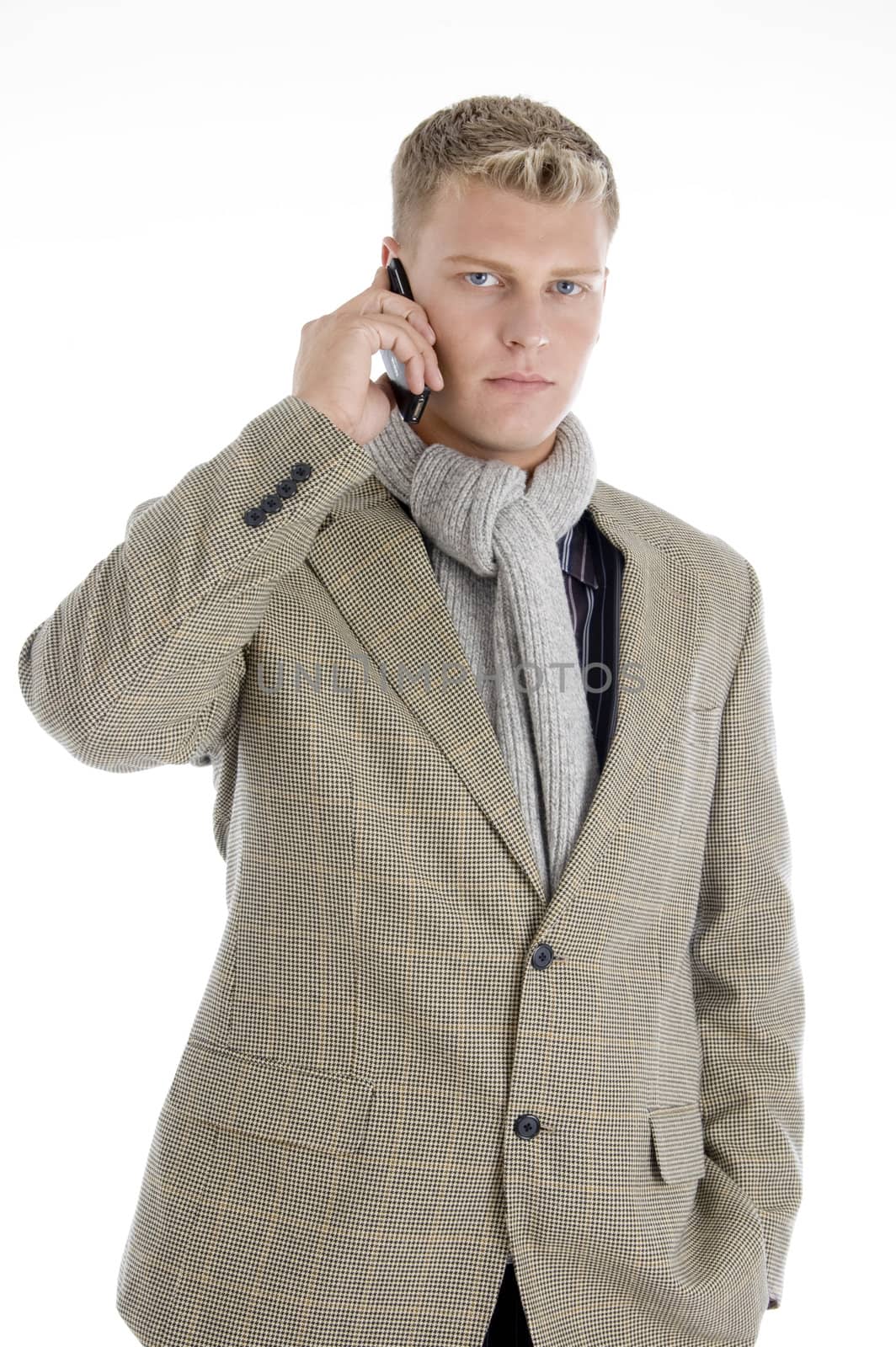 handsome businessman talking on cell phone isolated with white background