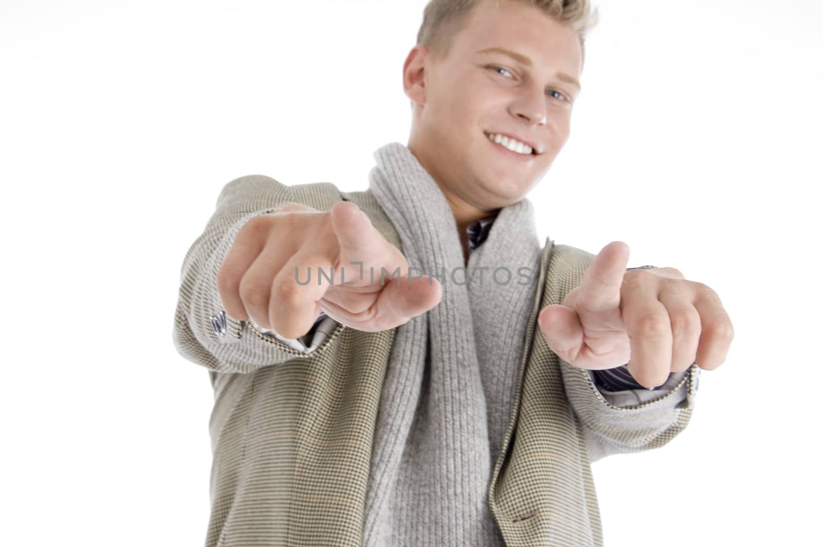 smart american pointing with both hands against white background