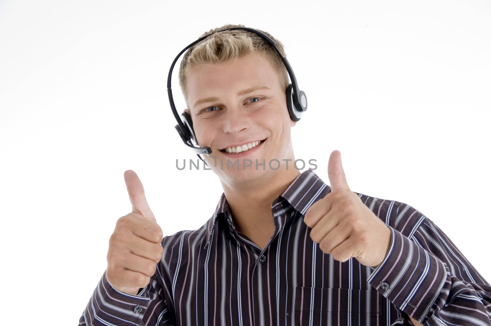 executive communicating and showing thumbs up hand gesture on an isolated white background