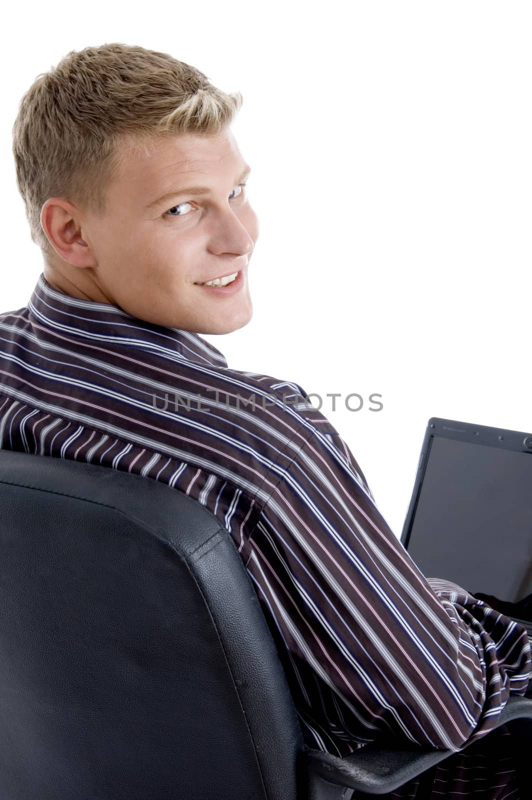 smart guy with laptop looking at camera  against white background
