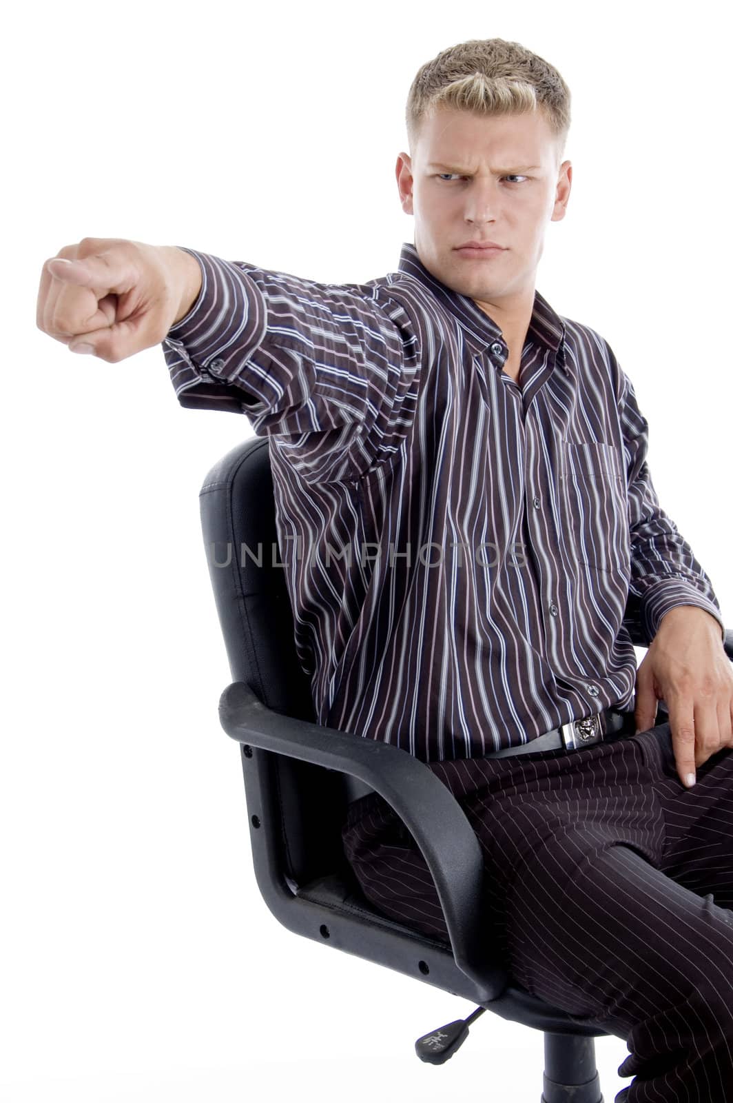 young american pointing angrily on an isolated white background