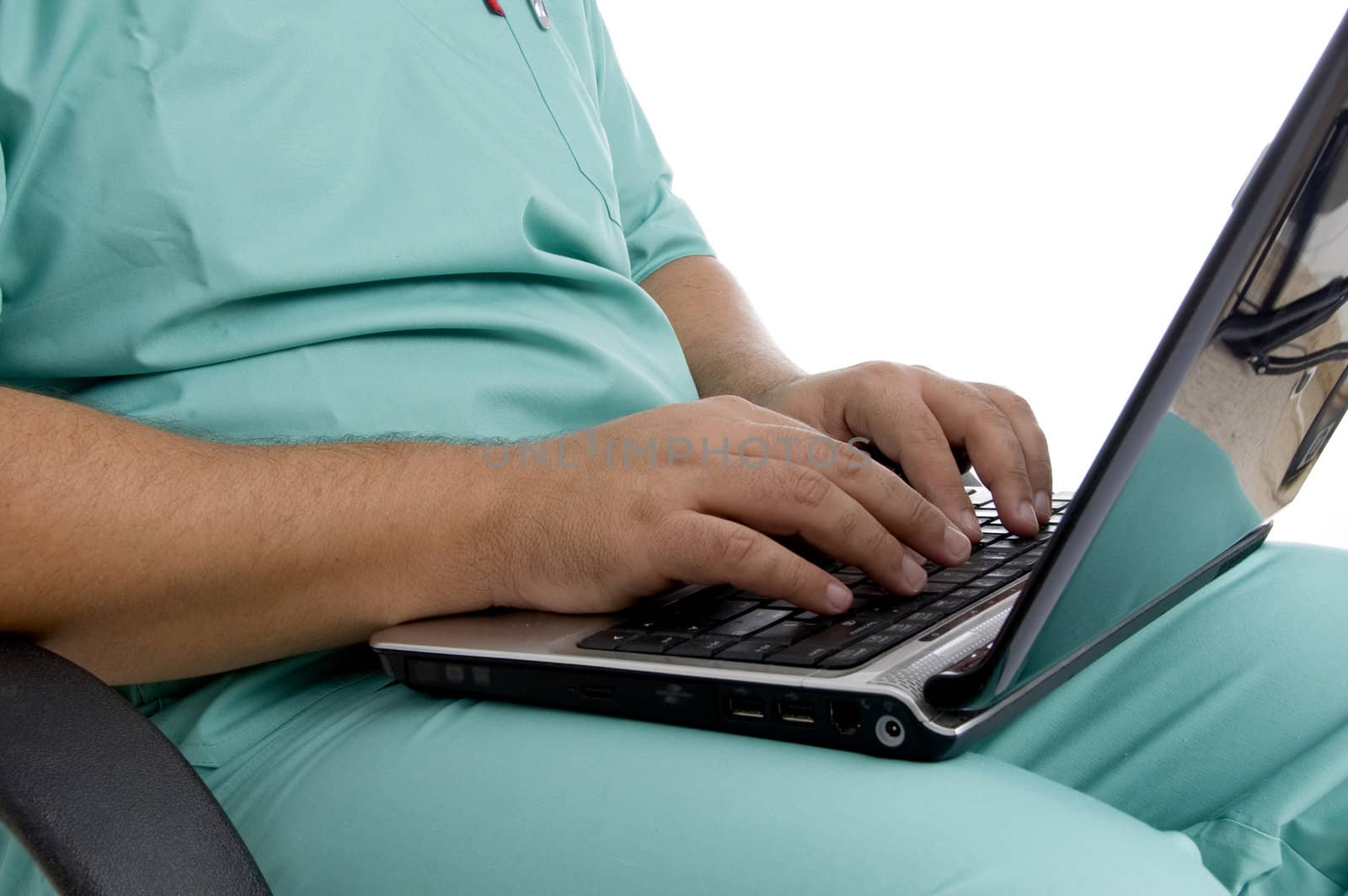 doctor working on laptop isolated with white background