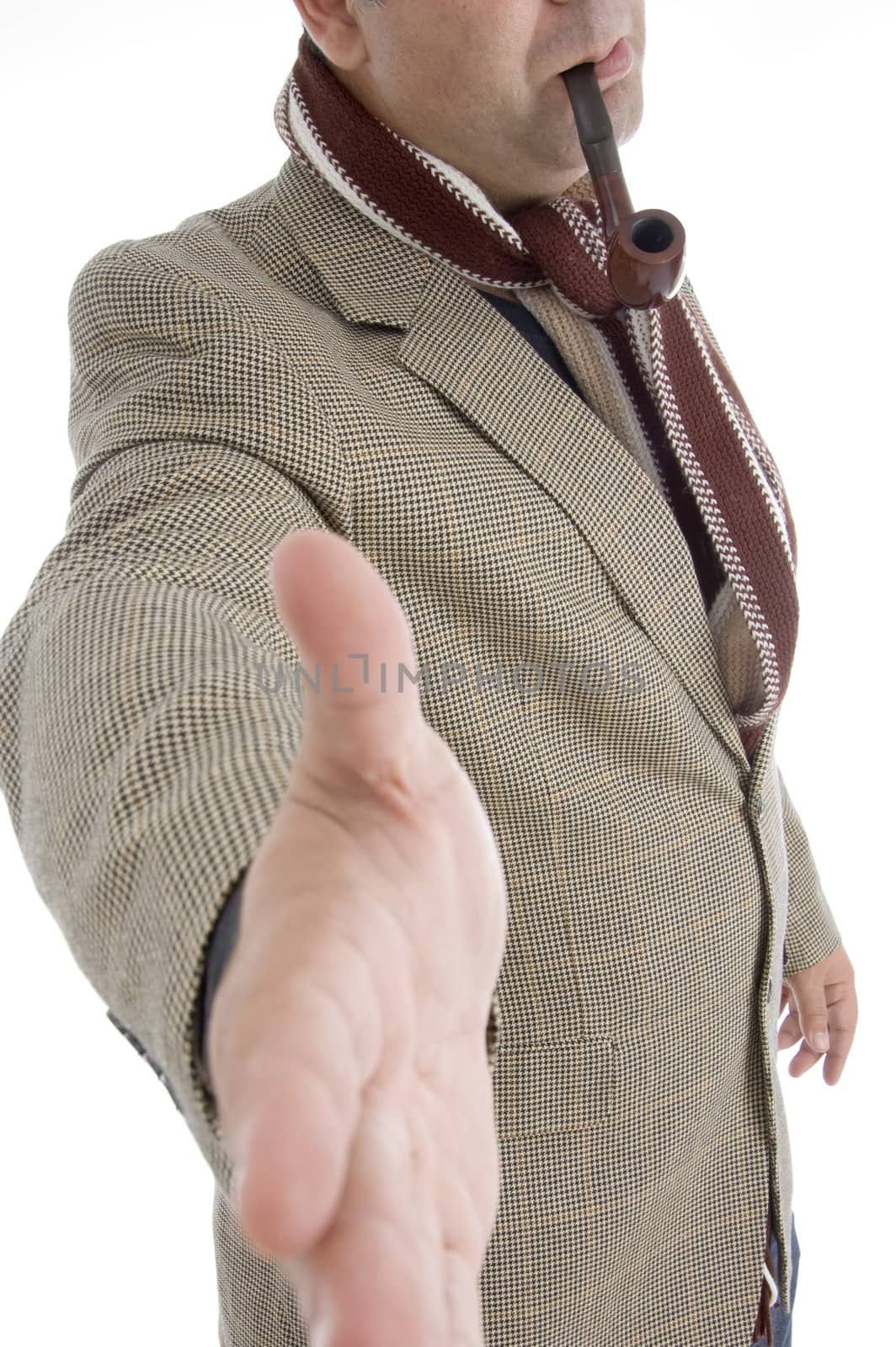 man offering shake hand on an isolated white background