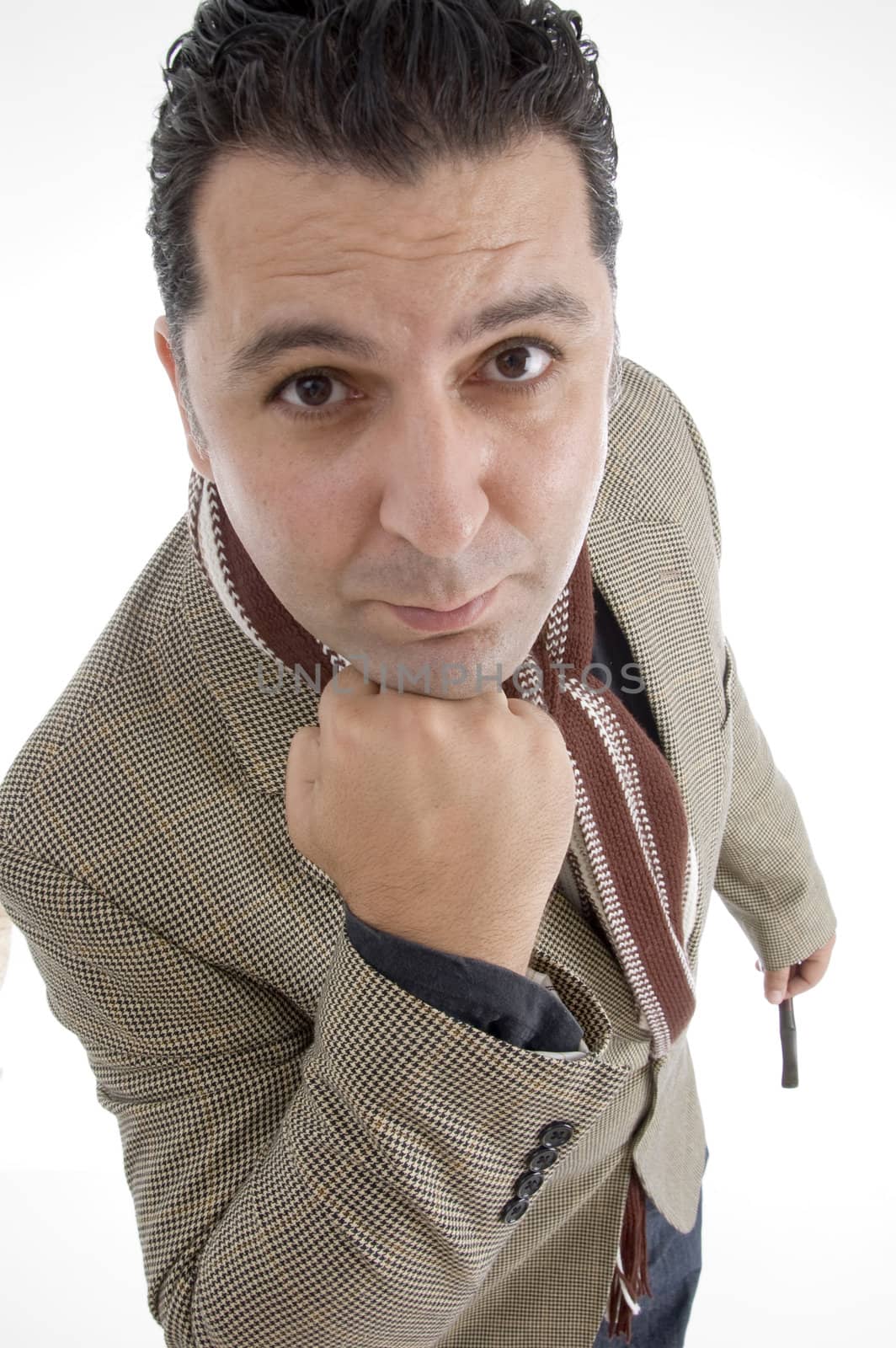 man looking you against white background