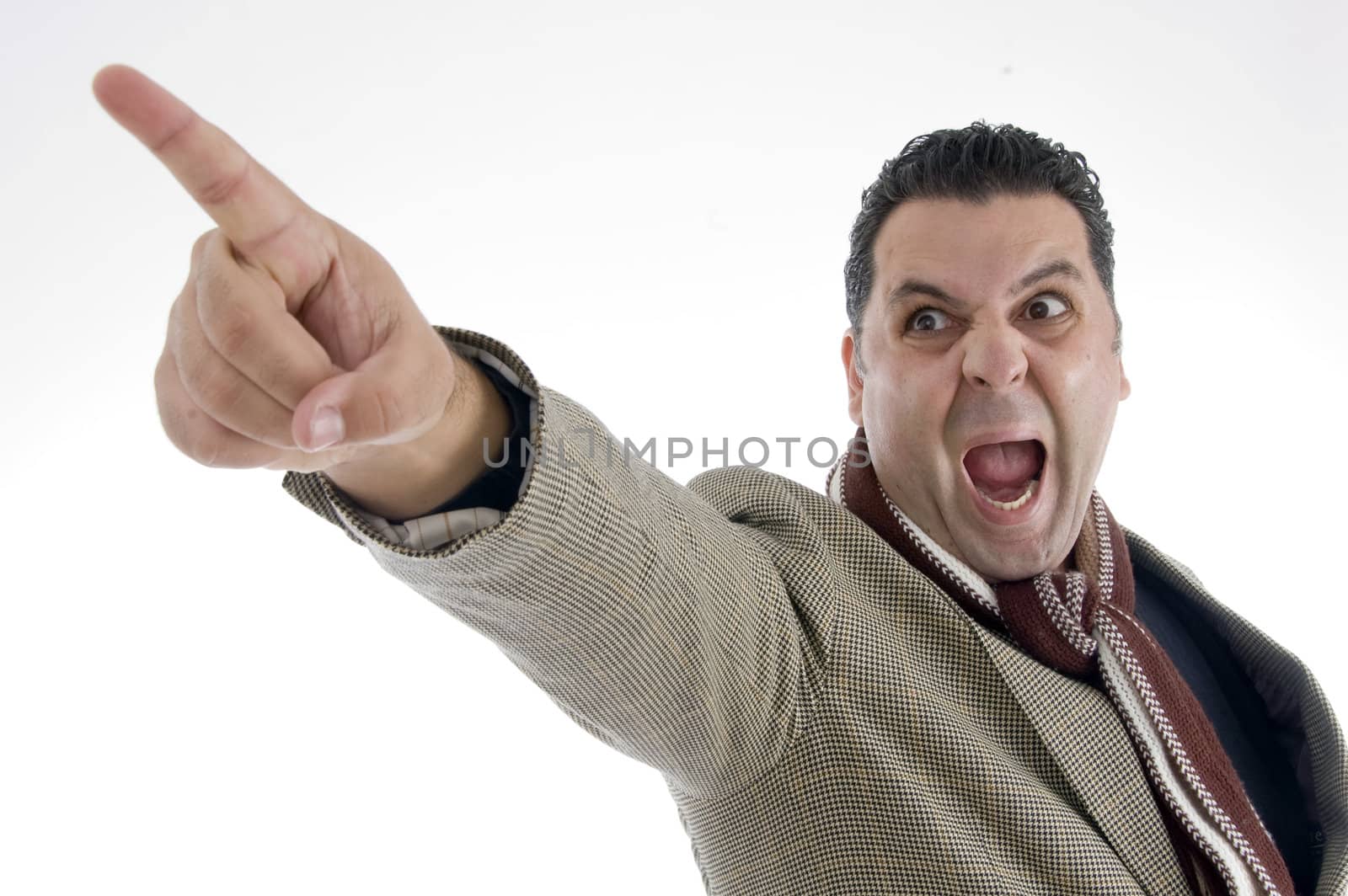 shouting man pointing side with white background