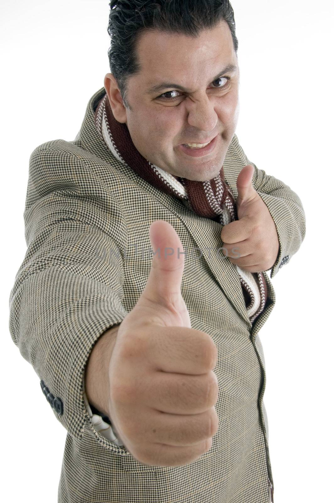 man showing thumb gesture against white background