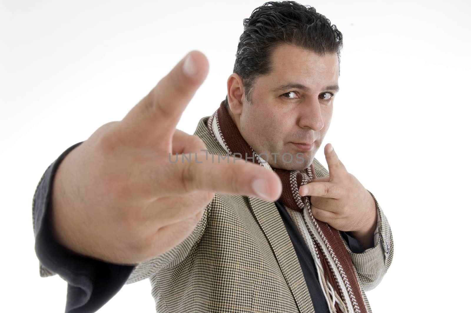 man showing winning gesture on an isolated white background