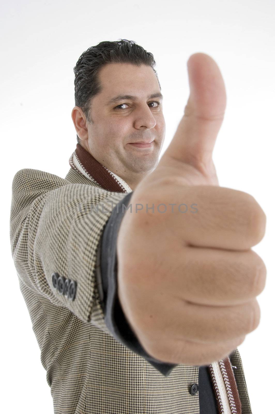 man showing approval sign against white background