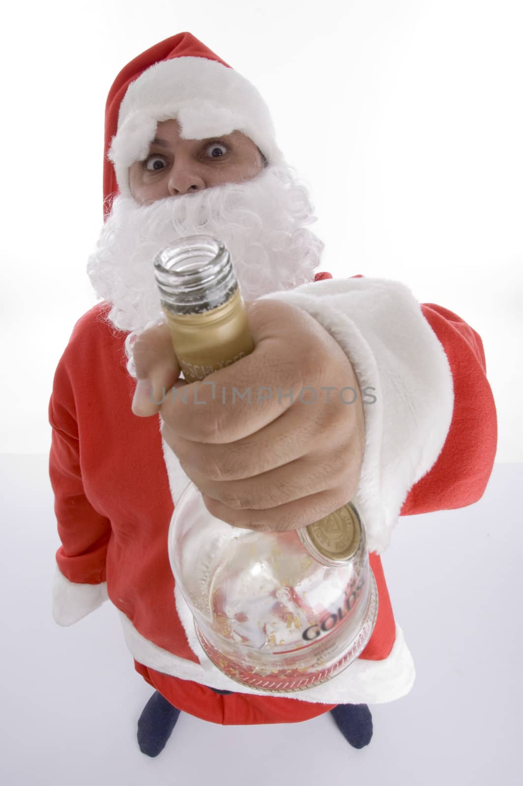 santa clause showing wine bottle against white background