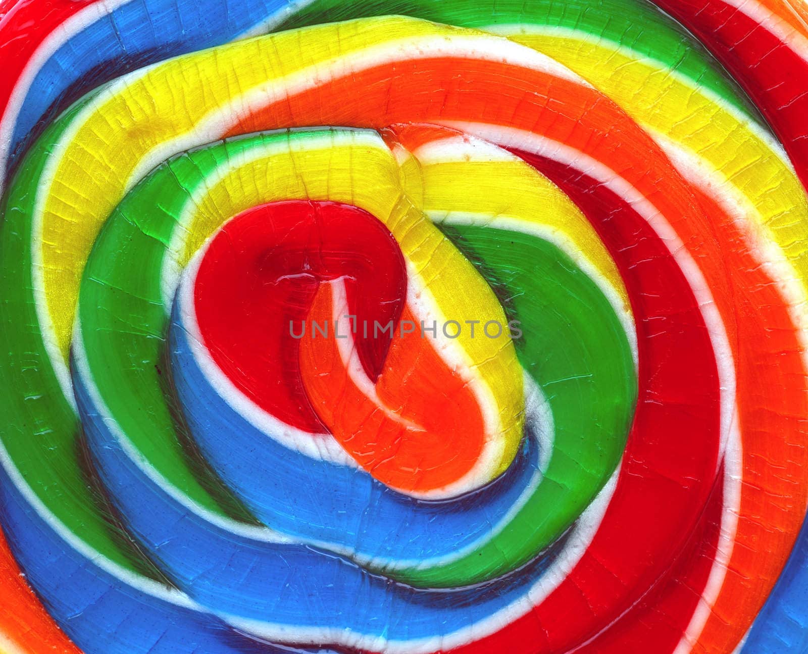 A close-up of a colorful lollipop candy