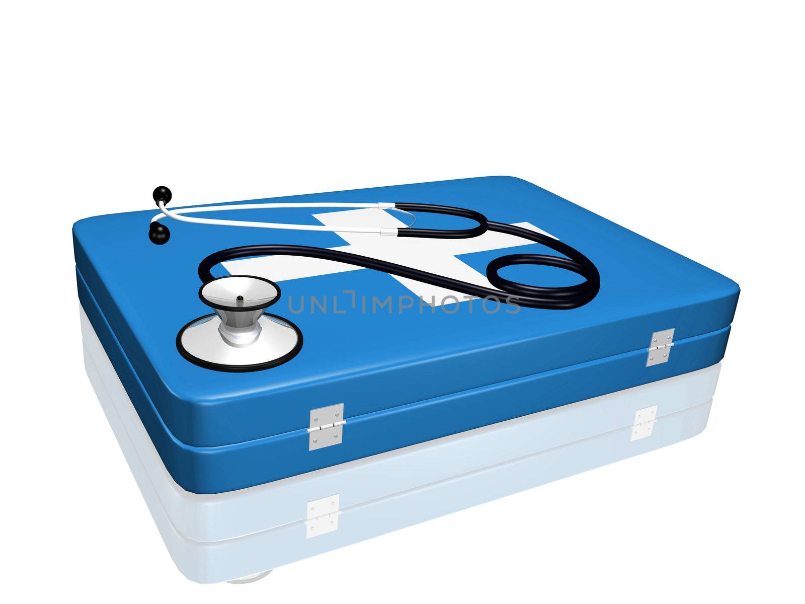 A 3D stethoscope on top of a medical kit.