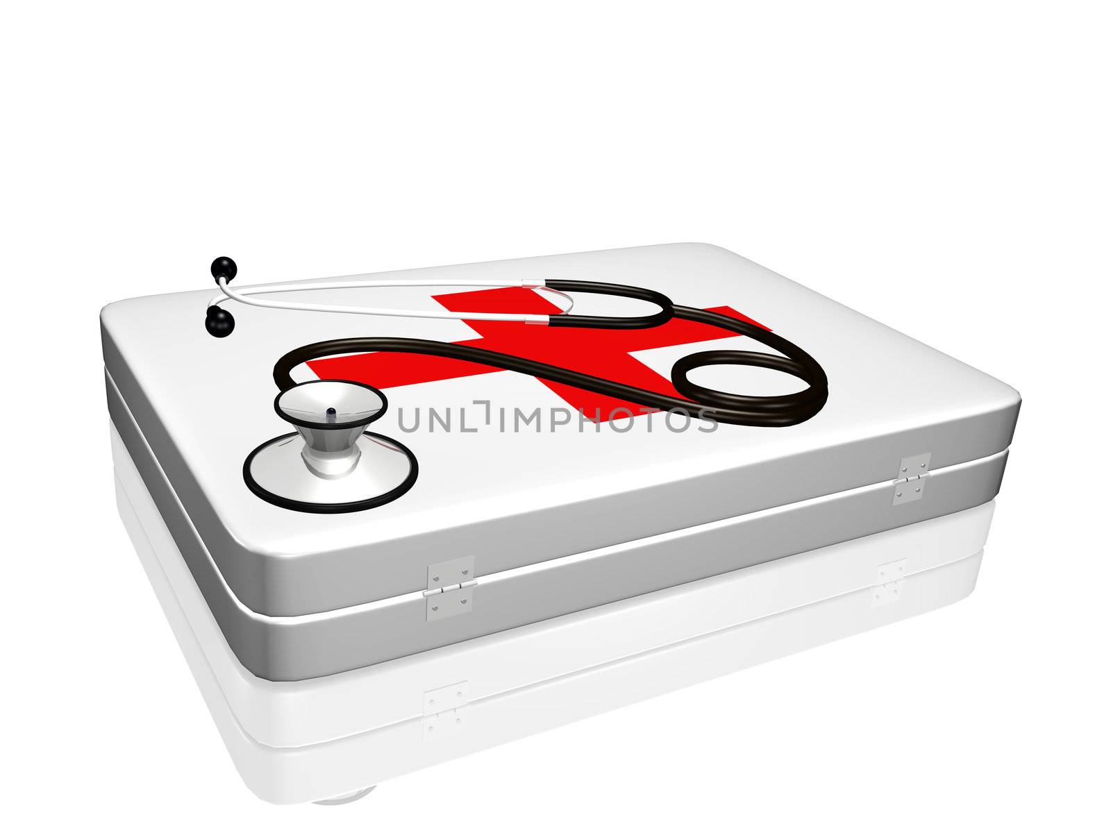 Image of a 3d stethoscope on top of a medical kit isolated on a white background.