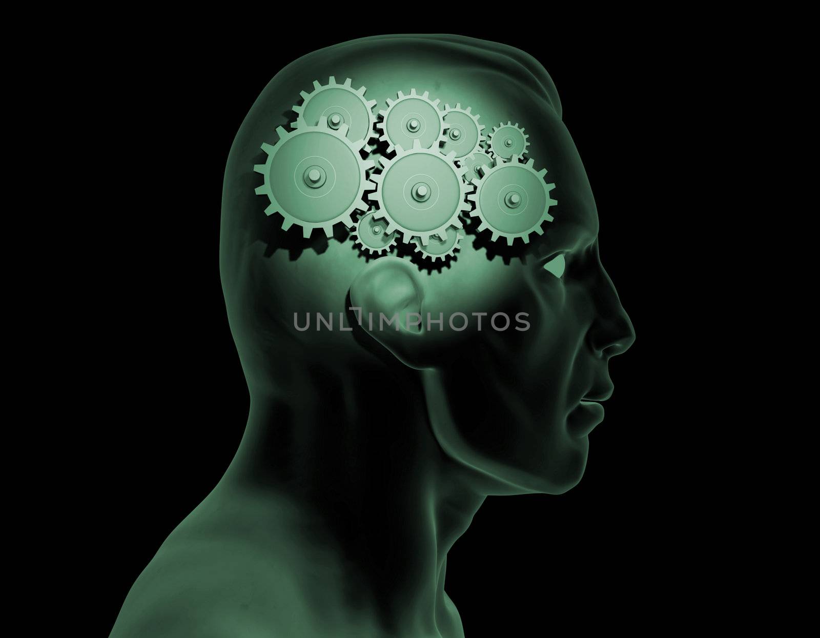 Image of gears inside of a man's head.