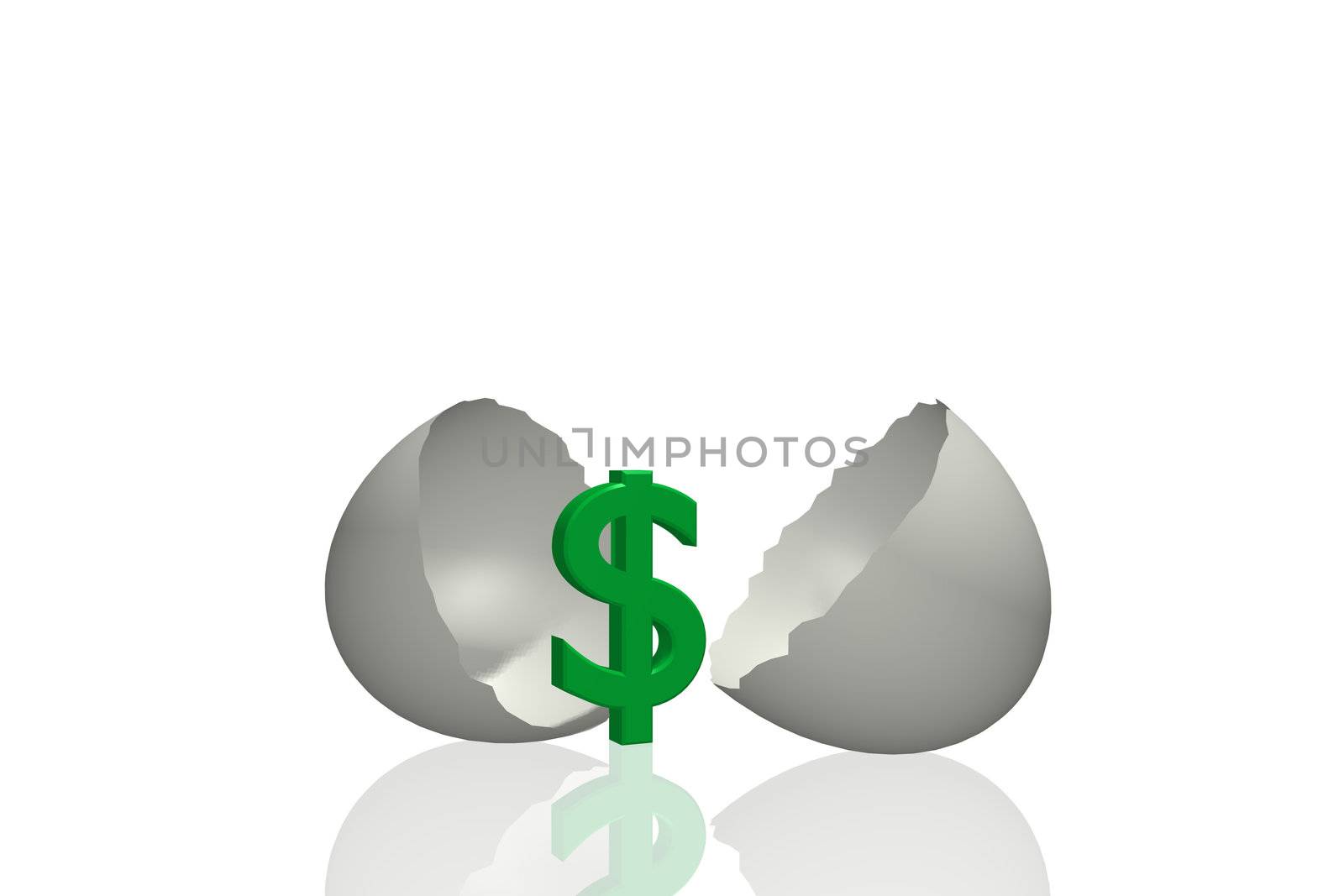 Concept image of a dollar sign being hatched from an egg isolated on a white background.
