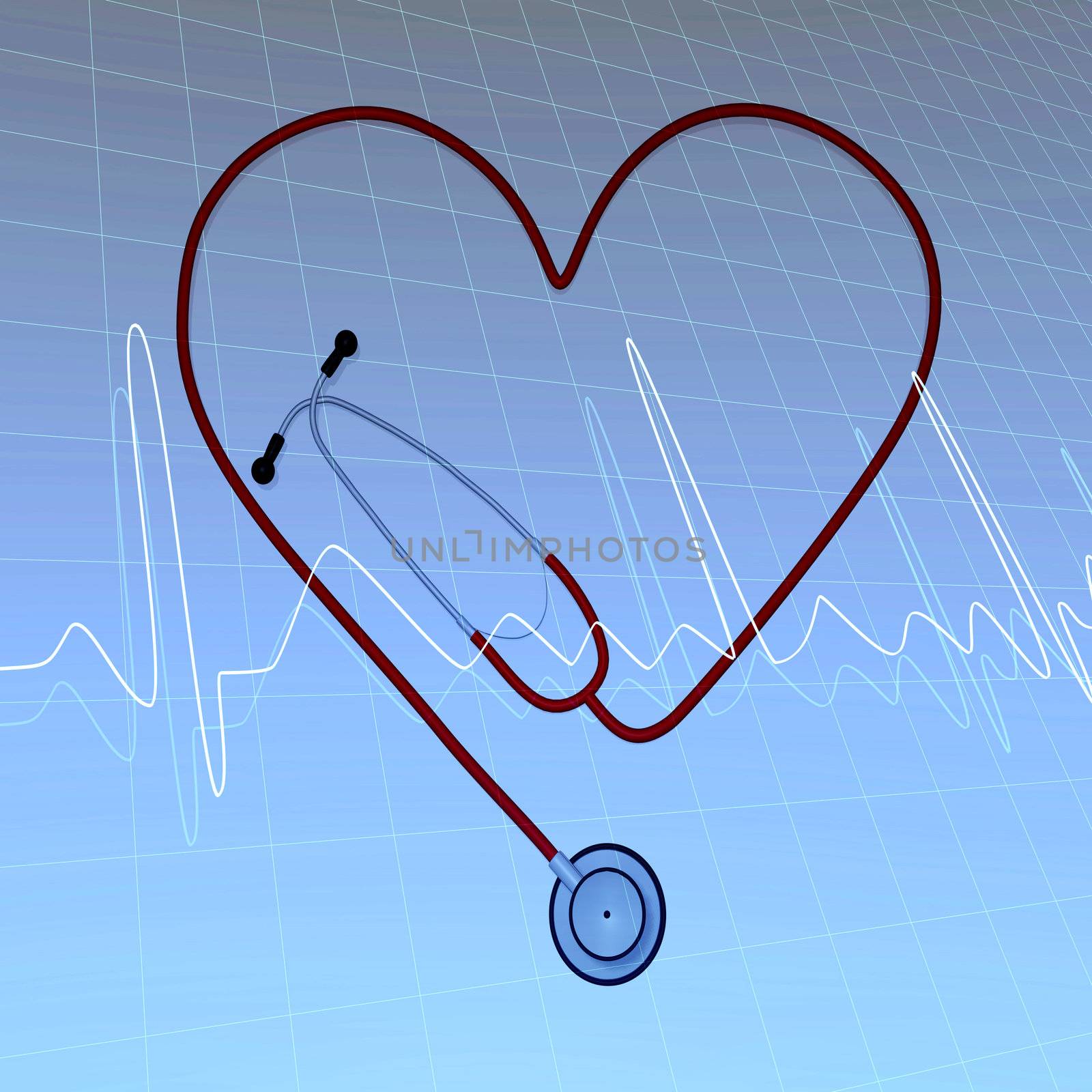 Abstract background image with ECG curves and stethoscope in the shape of a heart.