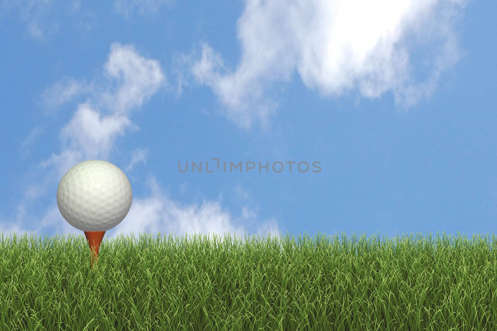 Image of a golf ball on a tee against a blue sky.